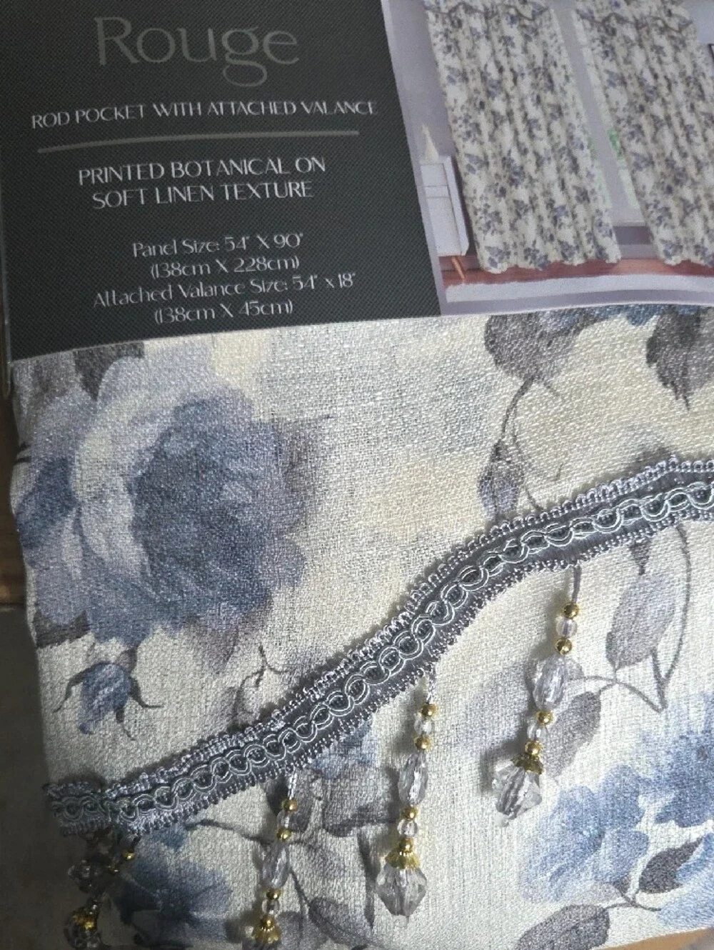 Rouge! Blue Floral Printed Linen-Texture Curtains with Beaded Trim